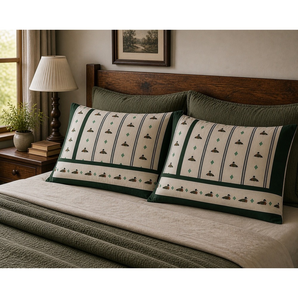 Vintage Cannon Fieldcrest Mallard Duck Pillowcase Set Hunter Green Standard 2pc